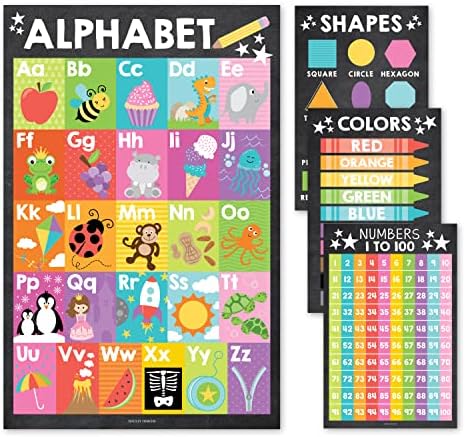 4 Fornecedores coloridos pré -K & Kindergarten Homeschool - gráfico ABC para parede para crianças, gráfico de números 1-100