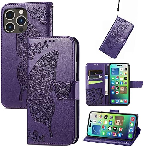 Bichong Compatível com o iPhone 14 Pro Max Wallet para mulheres, fólio de couro com estojo de proteção de kickstand magnético e