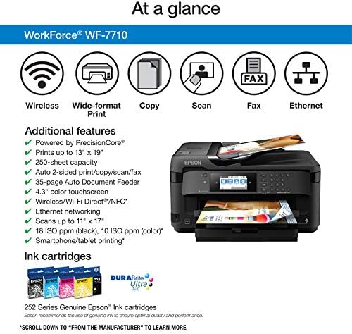Força de trabalho WF-7710 Impressora de jato de tinta em cores sem fio com cópia, varredura, fax, Wi-Fi Direct e Ethernet,