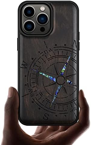 Designer Carveit Case de proteção de madeira para iPhone 14 Pro Max Magnetic Case Tampa [Gravura de madeira e incrustação de concha]