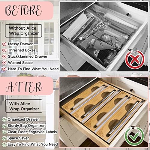 Alice 2-em 1 folha e organizador de plástico com cortador | Compatível com filme plástico, papel alumínio e papel de cera | Nature Bamboo Wrap Dispenser for Kitchen Storage Organization para 13 1/4 Roll