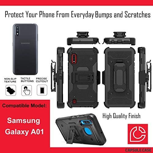 Ohiya Case Compatível com Galaxy A01 [Transformador híbrido Impact Rugged Kickstand Black Case Tampa com coldre de clipe de cinto]