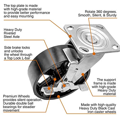 Factorduty 4 pacote de 6 rodas de rodízio vintage giram roda de ferro fundido preto roda industrial 4000lb Capacidade