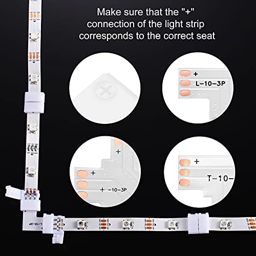 48 peças 3 pinos 10 mm O kit de conector de tira LED inclui conector sem gapless l -forma led conector de canto de luz LED