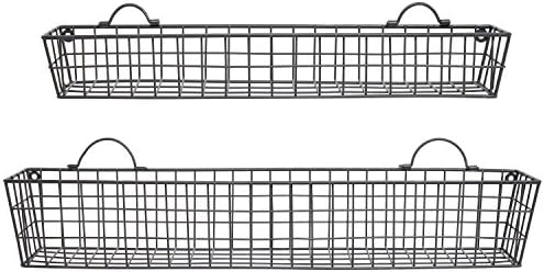 Mygift country rústico cesta de arame de metal montado na parede Exibir prateleiras flutuantes, cestas de suspensão estreitas de 30 e 23 polegadas, conjunto de 2