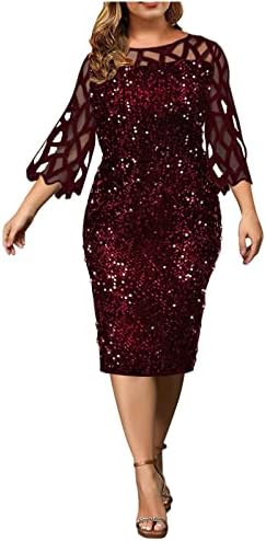 Vestido de cocktail de tamanho grande para mulheres vestidos de glitter de lantejoulas 3/4 de mangas renda de renda sólida de