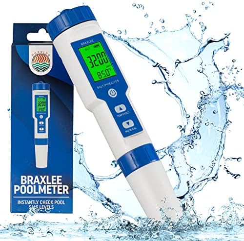 O medidor de pool de Braxlee testa digitalmente os níveis de sal e pH em piscinas e spas ~ 5 em 1 funcionalidade