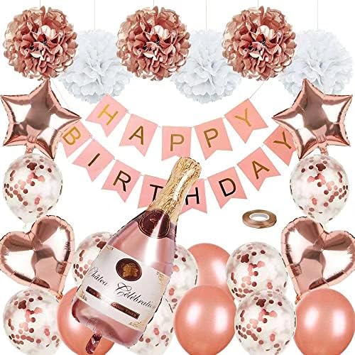 Rose Gold Party Decorações de Feliz Aniversário Balões de Confetti com Banner, balões gigantes de papel de champanhe, balões de folha de coração estrela, pompoms de papel de seda para 1º 18º dia 21 25º 30º 50º 60º 60º 60º Decorações