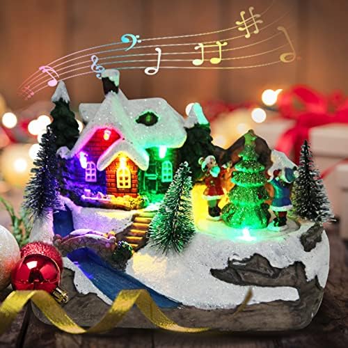 Decorações de Natal Snow Village Resin Building estatuetas giratórias infantis e árvores Musical Globo de Natal Edifícios Colecionáveis