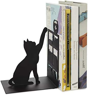 Balvi Bookend Pishing Cat Decorative Bookend com um gato, estante e peixe em um ferro aquário 17 cm preto
