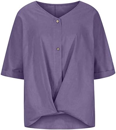 Blusas para mulheres 2023 camisas de linho de verão de tamanho frontal túnicas dianteiras v butters de pescoço rolam camisetas