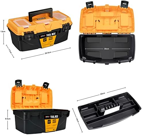Caixa de ferramentas Airaj Pro com bandeja removível, caixa de ferramentas à prova d'água de 12 polegadas, caixa de armazenamento de ferramentas de plástico adequado para armazenamento de ferramentas