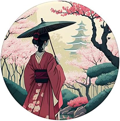Lady with Umbrella Cherry Blossom Garden Japanese Castle Popsockets Swappable PopGrip