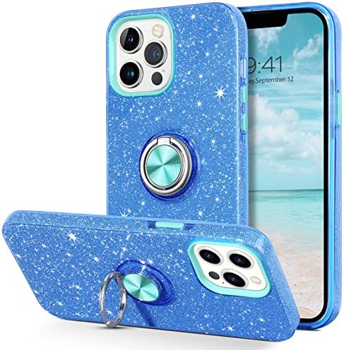 Domaver para iPhone 13 Pro Max Case Glitter Bling Luxury com anel rotativo Hybrid Silver Soft TPU Tampa e caixa de proteção PC