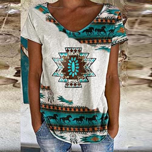 Camiseta ocidental vintage para mulheres, girl de vaca causal bloco de cores de verão curto de manga curta camiseta em vizinha casual blusas casuais
