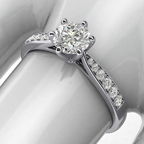 14K White Gold 1.0 Ct Classic 6 Pongue a anel de noivado de diamante simulado Pedras laterais Promise o anel de noiva