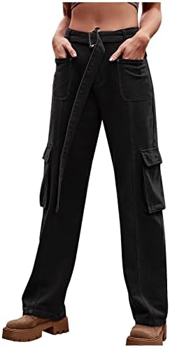 Calça de carga Mulheres Canda alta jeans Bolcão de aba de bolso relexado Faixa de perna reta Y2K Denim Troushers With Belt