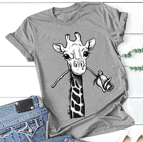 Tees gráficos de animais engraçados femininos impressão de girafa impressão casual de manga curta de verão t-shirt fofo tops