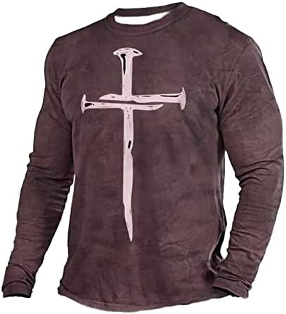 Camisas cristãs para masculino Presente Jesus Cross Print Slave Longa Casual Round Pescoço Vintage Tee de camiseta de camiseta Tops