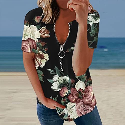 CEBOBYEL FLORAL PRIMENTO FLORAL T-shirts Casual Half Zip Henley Bloups Bloups Sleeve Ladies Summer Summer Flowy Tops 2023