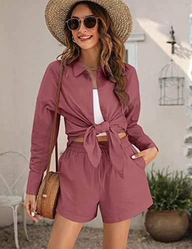 Aoulaydo feminino de duas peças de traje tracksuit de traje de verão Botton Botton para baixo de manga comprida com conjunto