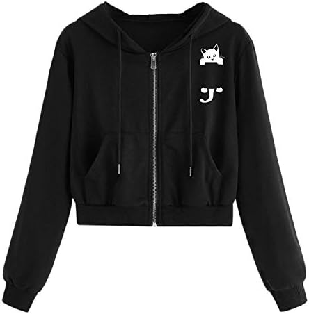 Hoodies top de colheita feminina, sólida com zíper feminino de manga comprida camisa de moletom adolescente de bolso