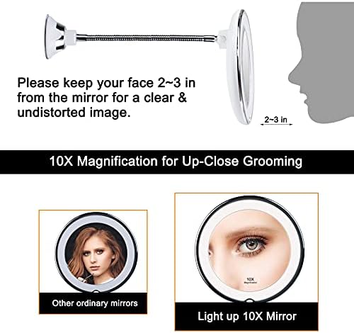 Espelho de maquiagem iluminado por LED de ampliação de 10x de 10x com sucção, espelho de parede de pescoço de ganso de 10 com 360