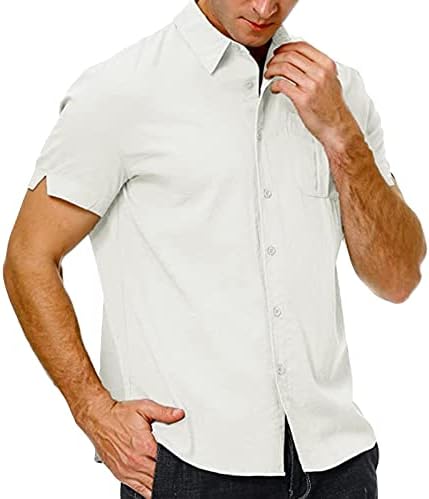 Botão de linho de algodão masculino Camisa casual de manga curta Camisas de praia lisam camisas leves leves e respiráveis