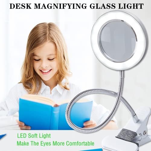 Lupa com luz com luz e suporte, luz de lâmpada de mesa com luz de lâmpada com energia flexível e alimentada por USB, clipe