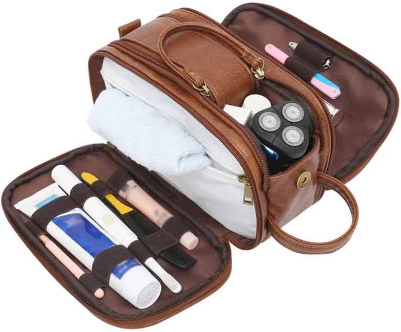 Bolsa de higiene pessoal de couro Trexd para homens Viagem Bolsa de lavagem de barbear kit de kit de banheiro Organizador