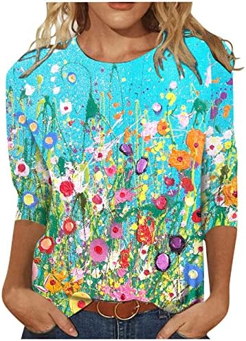 Moda feminina excessiva pescoço redondo 3/4 de manga top de camiseta impressa solta