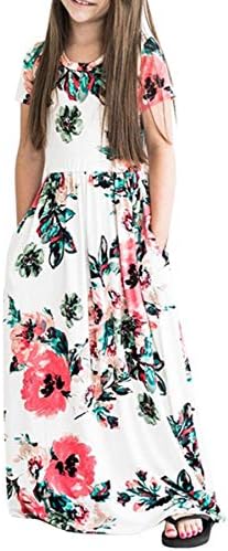 Vestido maxi de fashspo vestido floral de manga curta com bolsos vestido casual de cintura elástico para meninas 2-10 anos