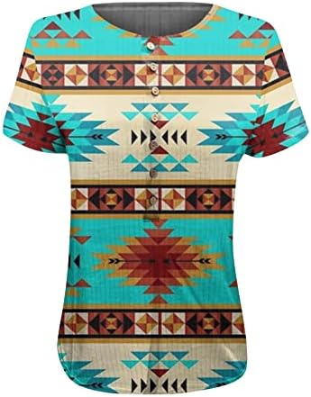 Iuhan feminino tops tops western asteca de estilo étnico geométrico tamis de impressão geométrica de manga curta v botão de pescoço da moda feminina