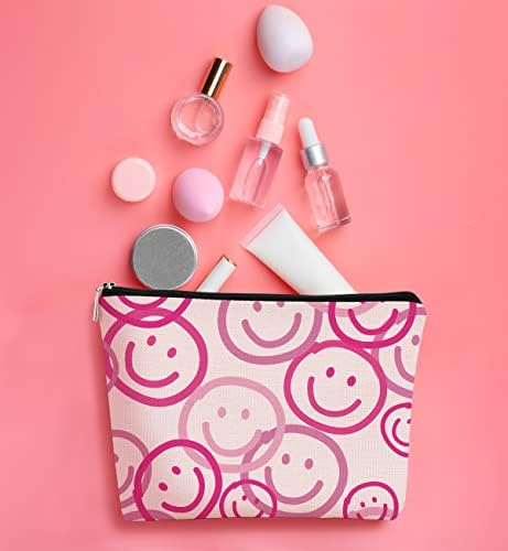 Barpery Hot Pink Barbie Pink Preppy Smiley Face Padrão Bolsa de maquiagem, Meninas Bolsa de Cosmética Preppy Trendy Melhor Idéia