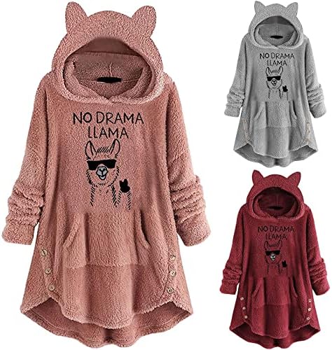 tuduoms capuz compridos garotas adolescentes fofos padrão gato orelha lã Fuzzy lã com capuz Sweatshirts vestido de pelúcia de pelúcia