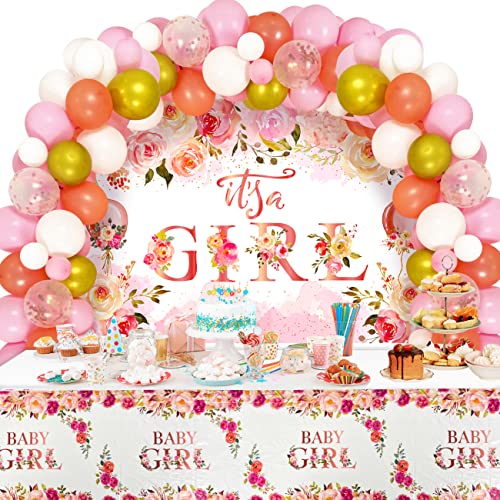 Decorações de chá de bebê florais para rosa-garotas e kit de decoração de chá de bebê de ouro com um cenário de menina e pratos