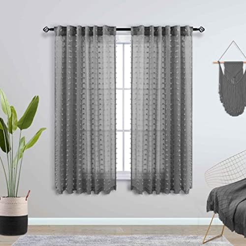 Pom de cinza escuro Pom cortinas curtas 45 polegadas Comprimento para cozinha Conjunto de 2 painéis