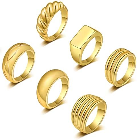 WFYOU 6PCS 18K Gold Gold Grost Gross Dome Rings grossa para mulheres meninas trançadas torcidas sinalizadas anel de ouro grossa conjunto