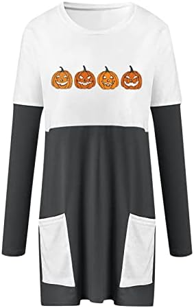 Vestido de camiseta feminina de Halloween com bolso casual bloco de manga comprida Túnica Full Zip Jacket Athletic