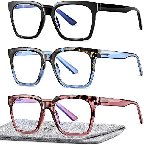 Fácil Leia 3 pares de lê óculos para mulheres, SQURE Computer azul bloqueando os leitores anti -UV com dobradiça de primavera