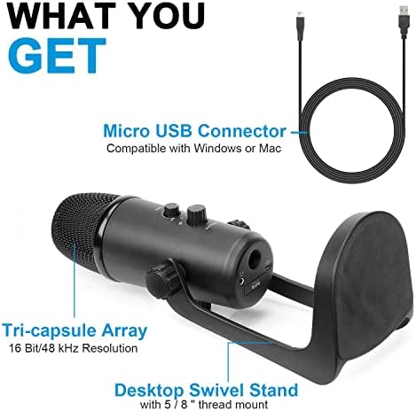 Microfone USB de desktop de Boya By-PM700 para computador com quatro padrões de coleta, saída de fone de ouvido