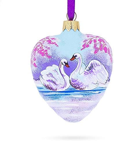 Swans in Love Glass Heart Christmas Ornament