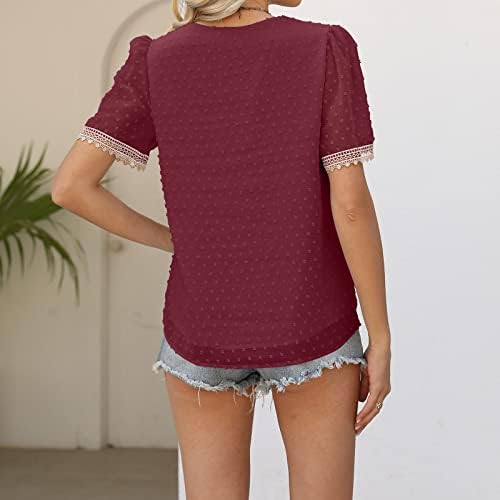 Camiseta da moda para mulheres suíças de crochê de crochê tampos vil de cola curta camisas de chiffon de verão, blusas elegantes