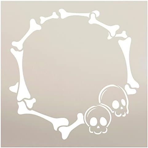Skull & Bones Round Frame Estêncil por Studior12 - Selecione Tamanho - EUA Made - Craft Diy Spooky Halloween Skeleton