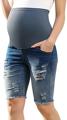 Shorts de jeans de maternidade de Maacie Bermuda arranhou a cintura alta de jeans magros com bolso