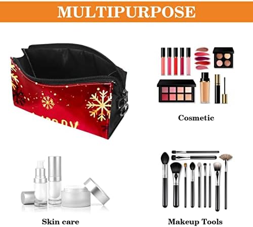 Bolsa de maquiagem à prova d'água, bolsa de maquiagem, organizador cosmético de viagem para mulheres e meninas, Feliz Natal Golden Snowflakes Red Vintage
