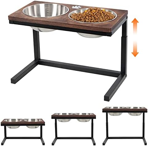 PetComo Dog Food Bowl Stand elevado, 3 alturas ajustáveis ​​com alimentos duplos de aço inoxidável