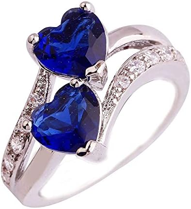 925 prateado redondo de ouro prateado cortado cúbico zirconia azul duplo coração amor jóias anel de anel para sua namorada mulher mulher