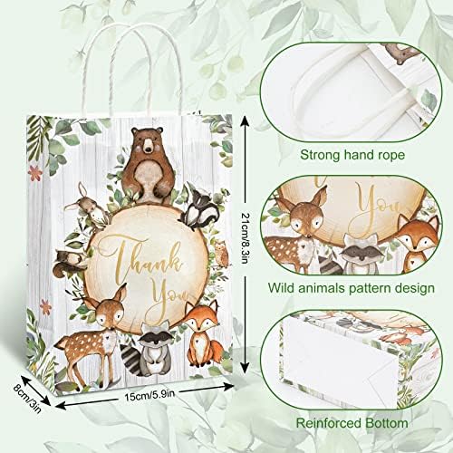 AnyDesign 24 Pack Woodland agradece sacos de papel com alças a granel 4 Design Design Woodland Baby Churche Party Sacos para casamento