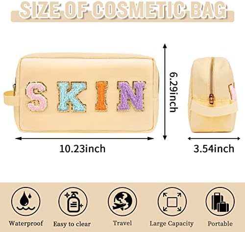 Bolsa de pele de bolsa de nylon de nylon preppy uixizq para mulheres meninas, bolsa de maquiagem portátil com patches